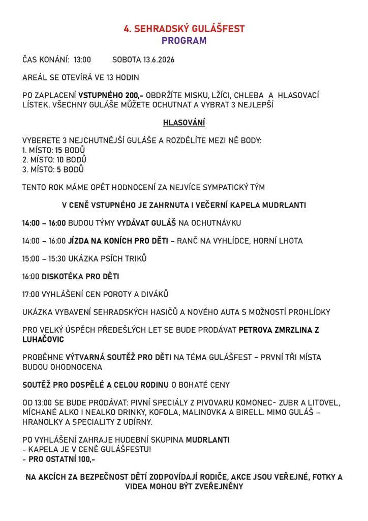 V sobotu 13. června 2026 od 13:00 se uskuteční Sehradský gulášfest, který nabídne širokou škálu aktivit a ochutnávek.