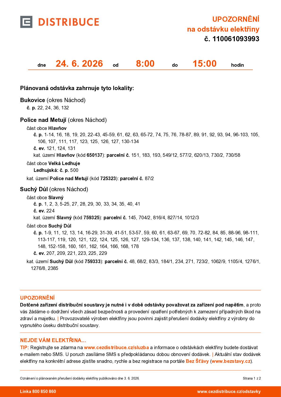 Suchý Důl i část obce Slavný 08:00 - 15:00 h