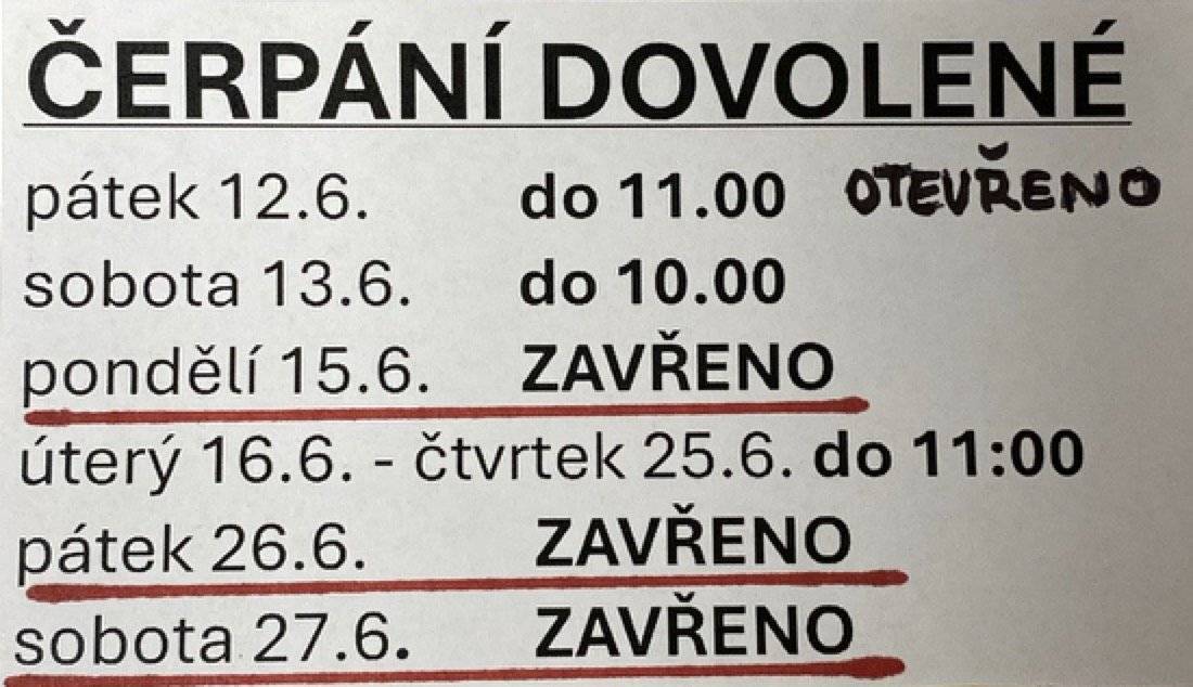 Provozní doba - červen 2026 - čerpání dovolené ve dnech 15.6., 26.6. a 27.6.