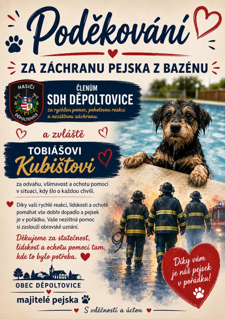 Obec Děpoltovice srdečně děkuje SDH Děpoltovice a Tobiášovi Kubištovi za nezištnou pomoc a odvahu v situaci, kdy šlo o každou chvíli. Díky jeho rychlé reakci a ochotě pomoci se pejsek dostal do bezpečí a je nyní v pořádku.