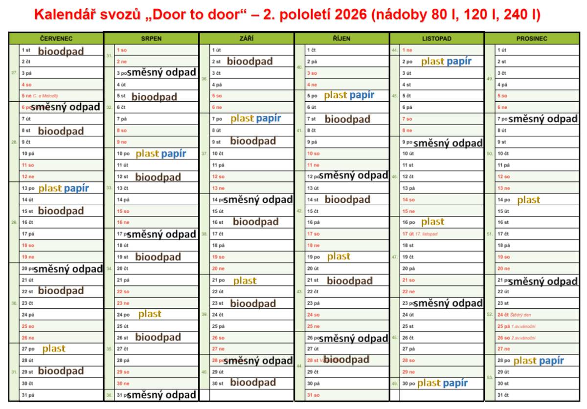 Kalendář svozu odpadů z nádob od domu na 2. pololetí 2026.