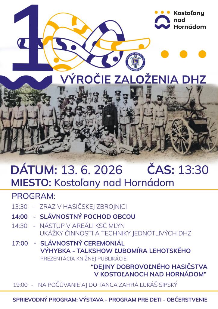 Srdečne vás pozývame na oslavy 100. výročia DHZ v Kostoľanoch, ktoré sa uskutočnia 13.6.2026 od 14.00 hod.