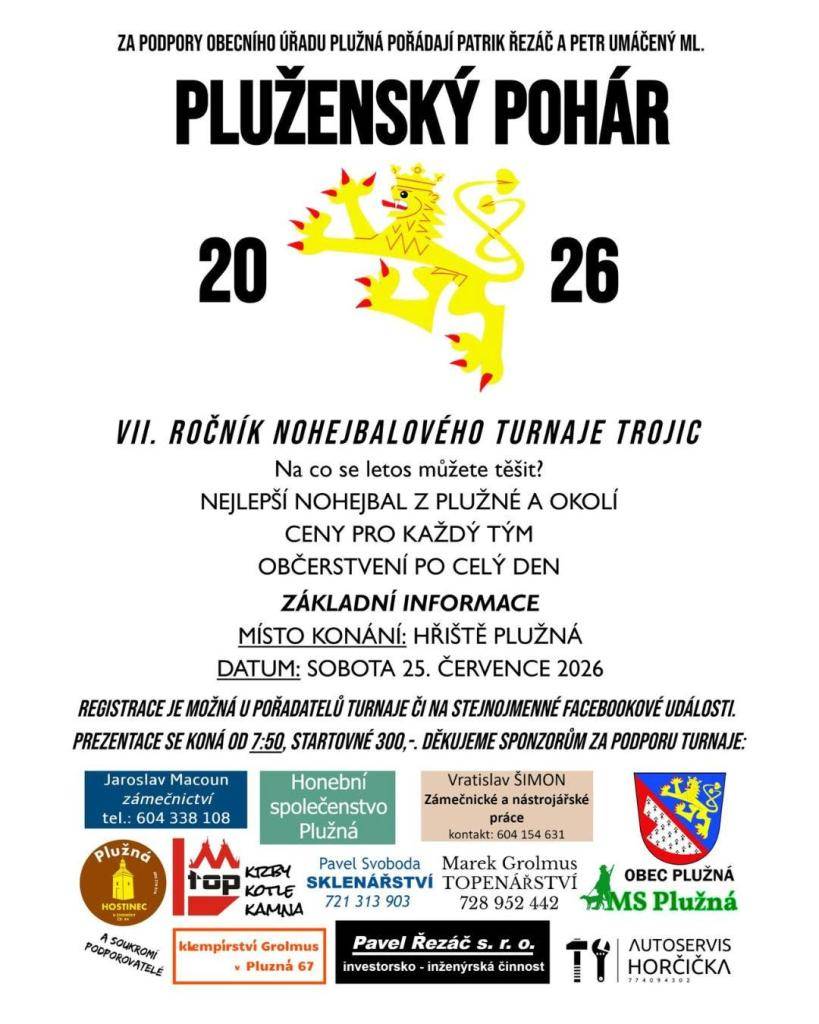 Patrik Řezáč a Petr Umáčený ml. za podpory OÚ Plužná pořádají VII. ročník nohejbalového turnaje trojic.