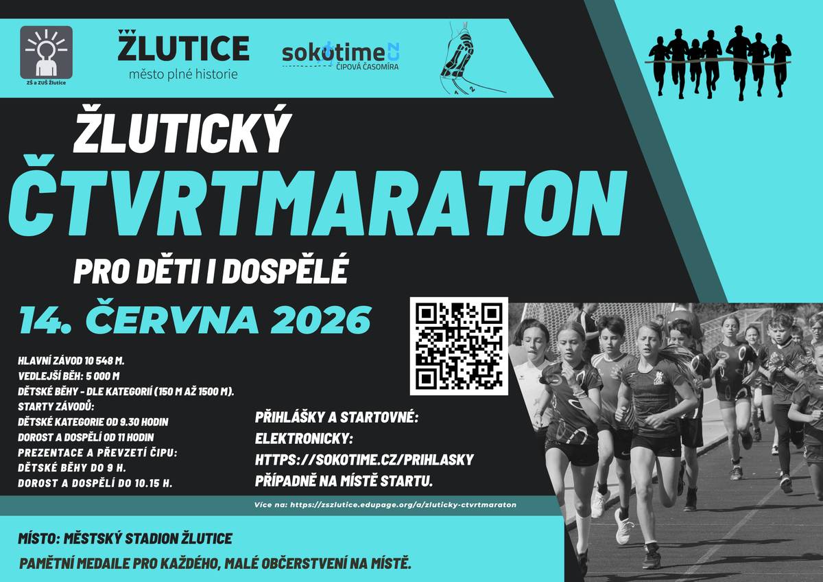 V neděli 14. června se uskuteční další ročník žlutického čtvrtmaratonu. Akce je pořádána pro všechny kategorie, zúčastnit se mohou všichni od předškolních dětí, přes rekreační běžce a běžkyně až po zkušené závodníky. Program začíná na městském stadionu ve Žluticích již od 9.30. Bližší informace najdete na webu základní školy nebo pod QR kódem. Srdečně zveme.