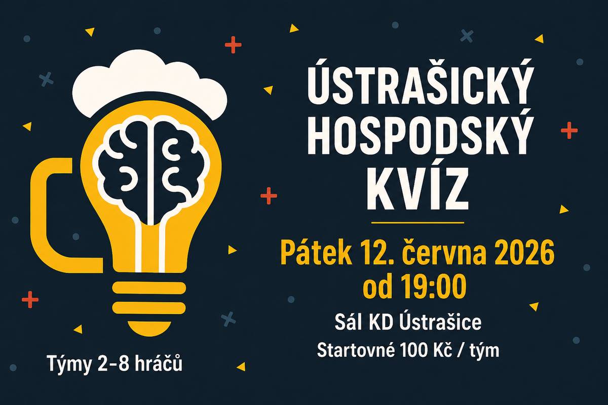 Zveme všechny příznivce hospodských kvízů na Ústrašický hospodský kvíz - poslední před prázdninami, který se bude konat 12. 6. 2026 (pátek) v místním sále kulturního domu v Ústrašicích od 19:00 hodin. Jste všichni srdečně zváni!