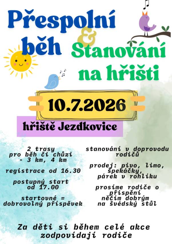 Dne 10.7.2026 se uskuteční přespolní běh a stanování na hřišti. Srdečně zveme.
