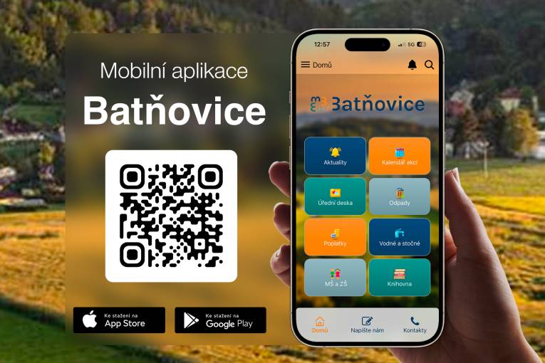 Obec Batňovice spouští novou mobilní aplikaci pro občany.   Pro zjednodušení a jednotné informace pro všechny odběratele nahrazujeme stávající dvě aplikace V obraze a Úřad v mobilu – jejich provoz bude postupně ukončen.