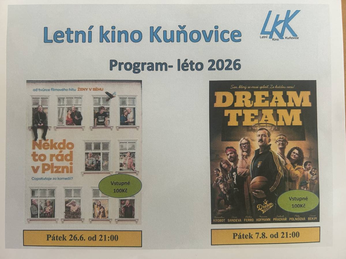 Letní kino Kuňovice 26.6.2026 a 7.8.2026 od 21:00 hod.