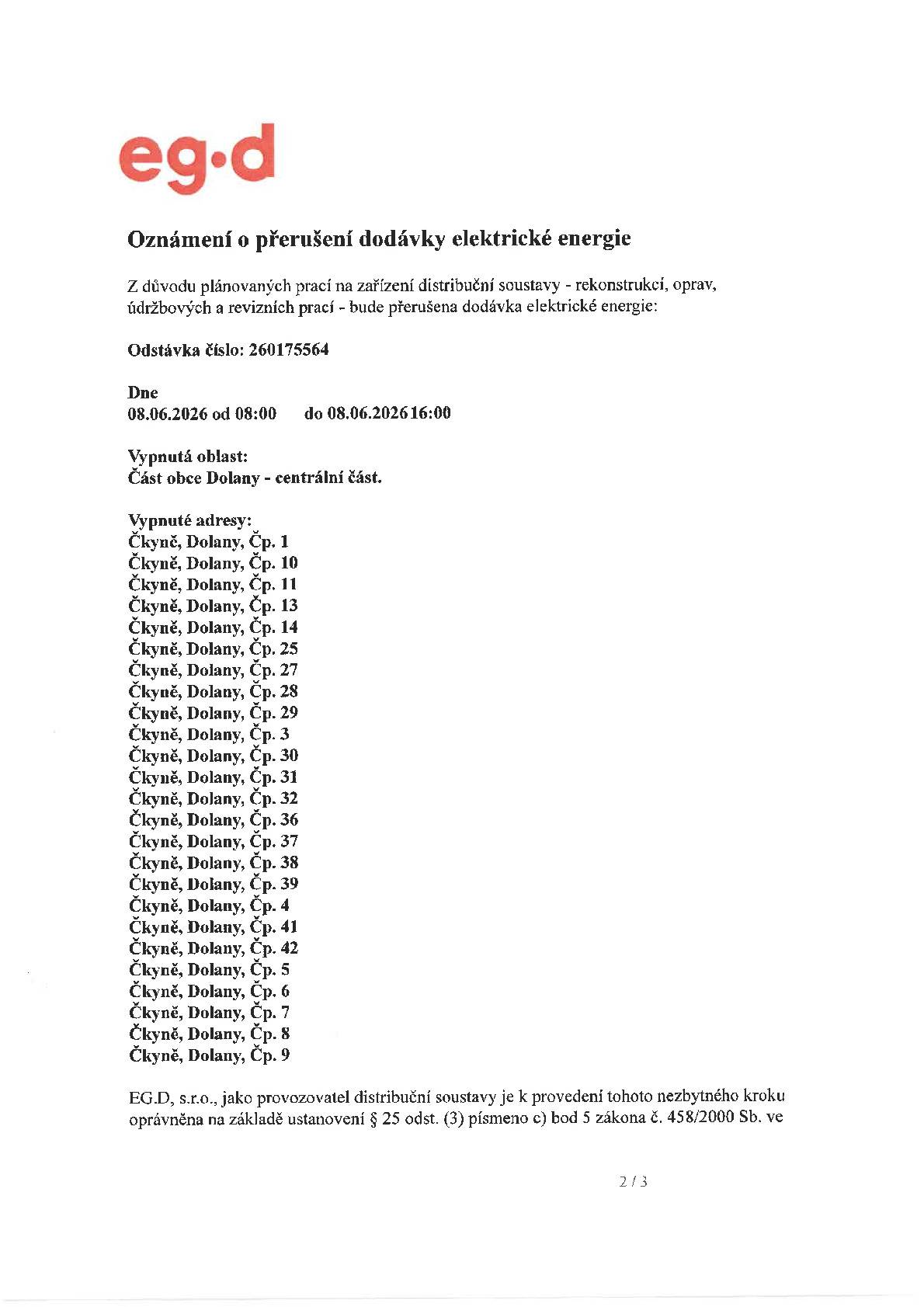Oznámení o přerušení el. energie 08.06.2026 → Dolany - centrální část
