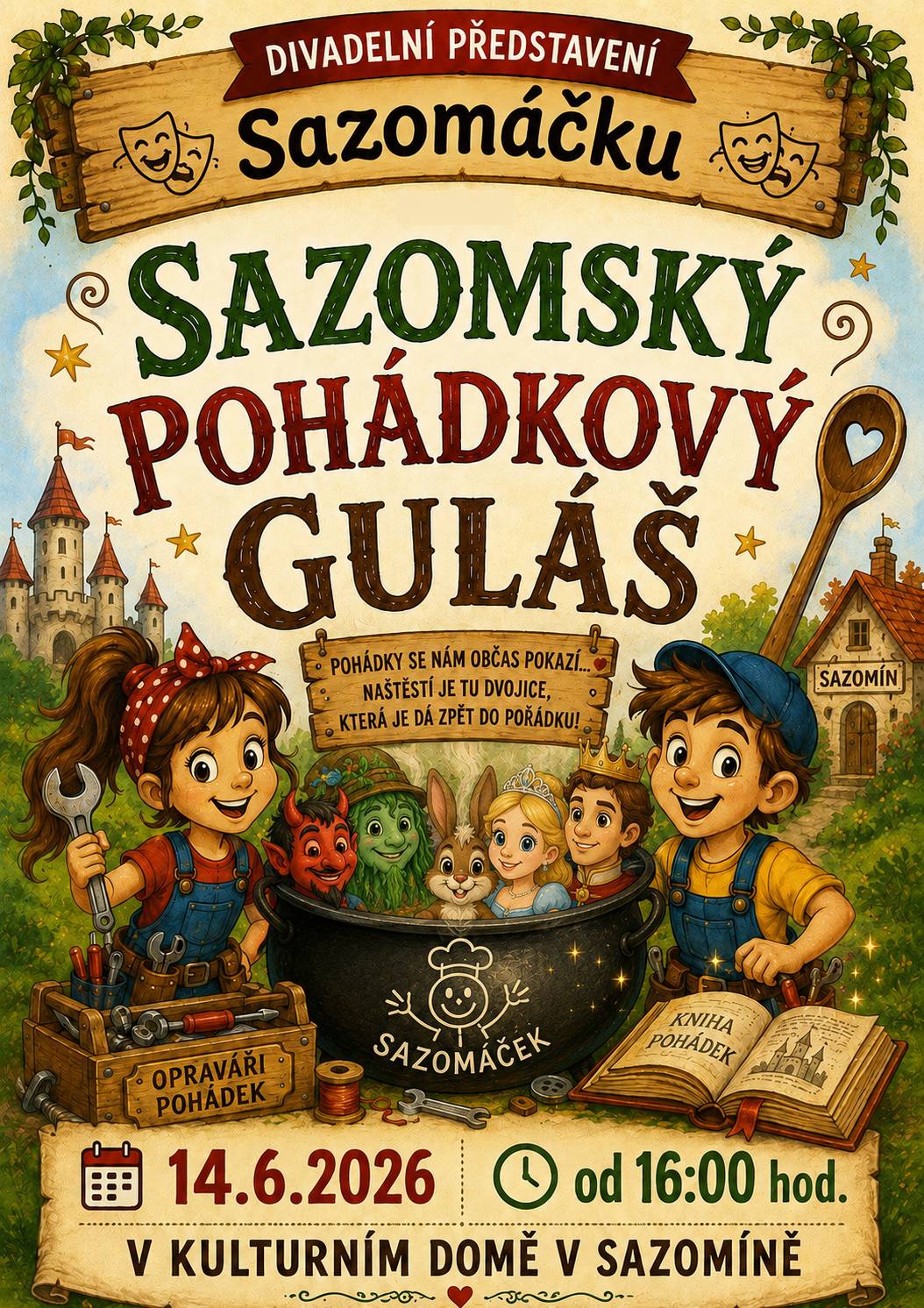 Jménem našich dětí ze Sazomáčku Vás srdečně zveme na jejich divadelní vystoupení s názvem Sazomský pohádkový guláš, které se uskuteční tuto neděli 14.6.2026 v 16:00 v Kulturním domě v Sazomíně.