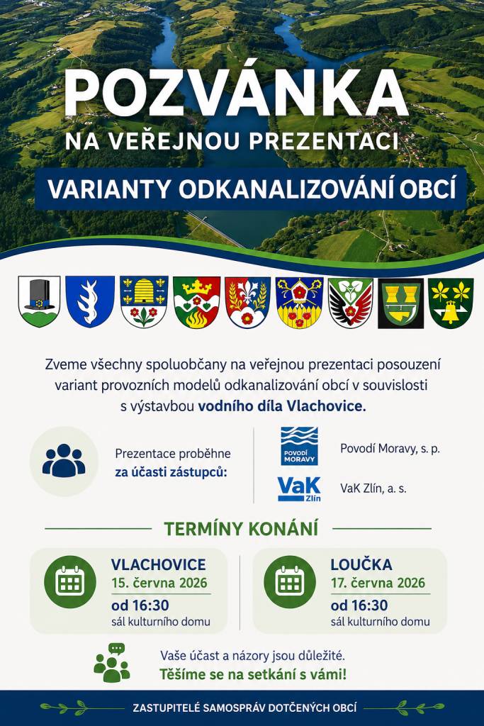 Zveme občany na veřejnou prezentaci odkanalizování obce, kterou představí zástupci VaK Zlín a Povodí Moravy.