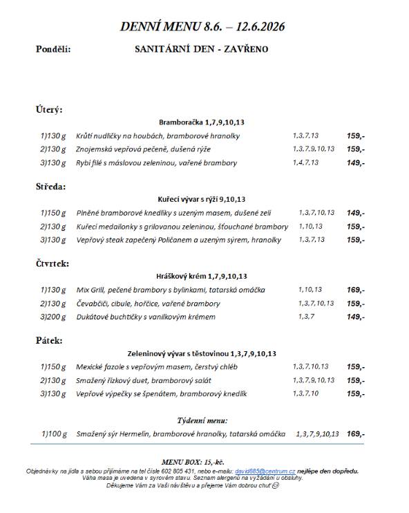 Pondělí 8.6. - pátek 12.6.2026