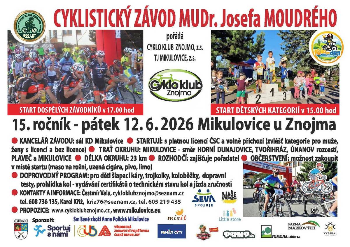 Cyklistické závody MUDr. Josefa Moudrého 12.6.2026 v Mikulovicích.