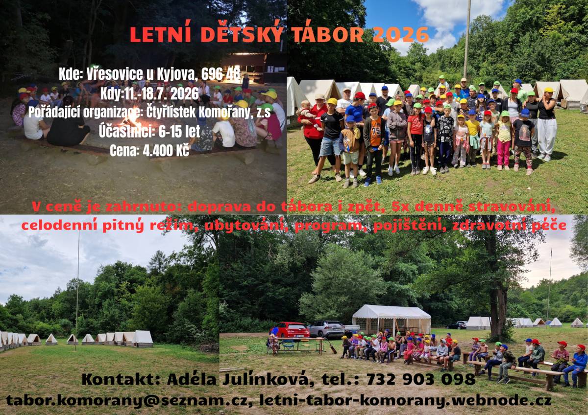 Čtyřlístek Komořany nabízí poslední volná místa na letní dětský tábor v červenci 2026. Neváhejte a přihlaste své děti!