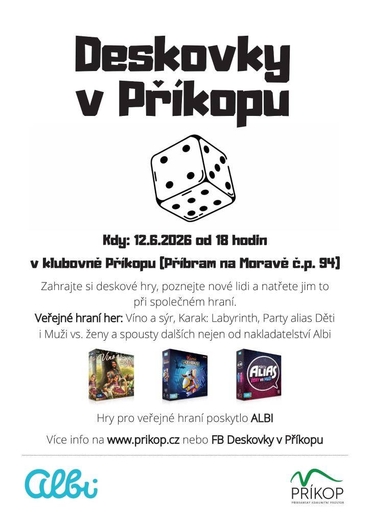 Příbramský komunitní prostor vás srdečně zve na další setkání u deskových her. To se uskuteční tento pátek 12.5. 2026 od 18 hodin.  Drobné občerstvení zajištěno. Těšíme se na vás!