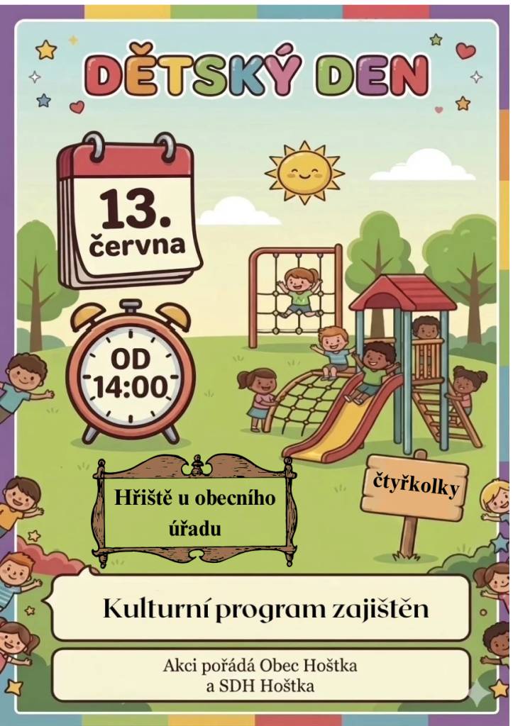 Dětský den se koná pod záštitou Obce Hoštka a SDH Hoštka. Připravili jsme pro vás zábavný kulturní program, který je určený pro rodiny s dětmi. Přijďte se pobavit a užít si den plný radosti.