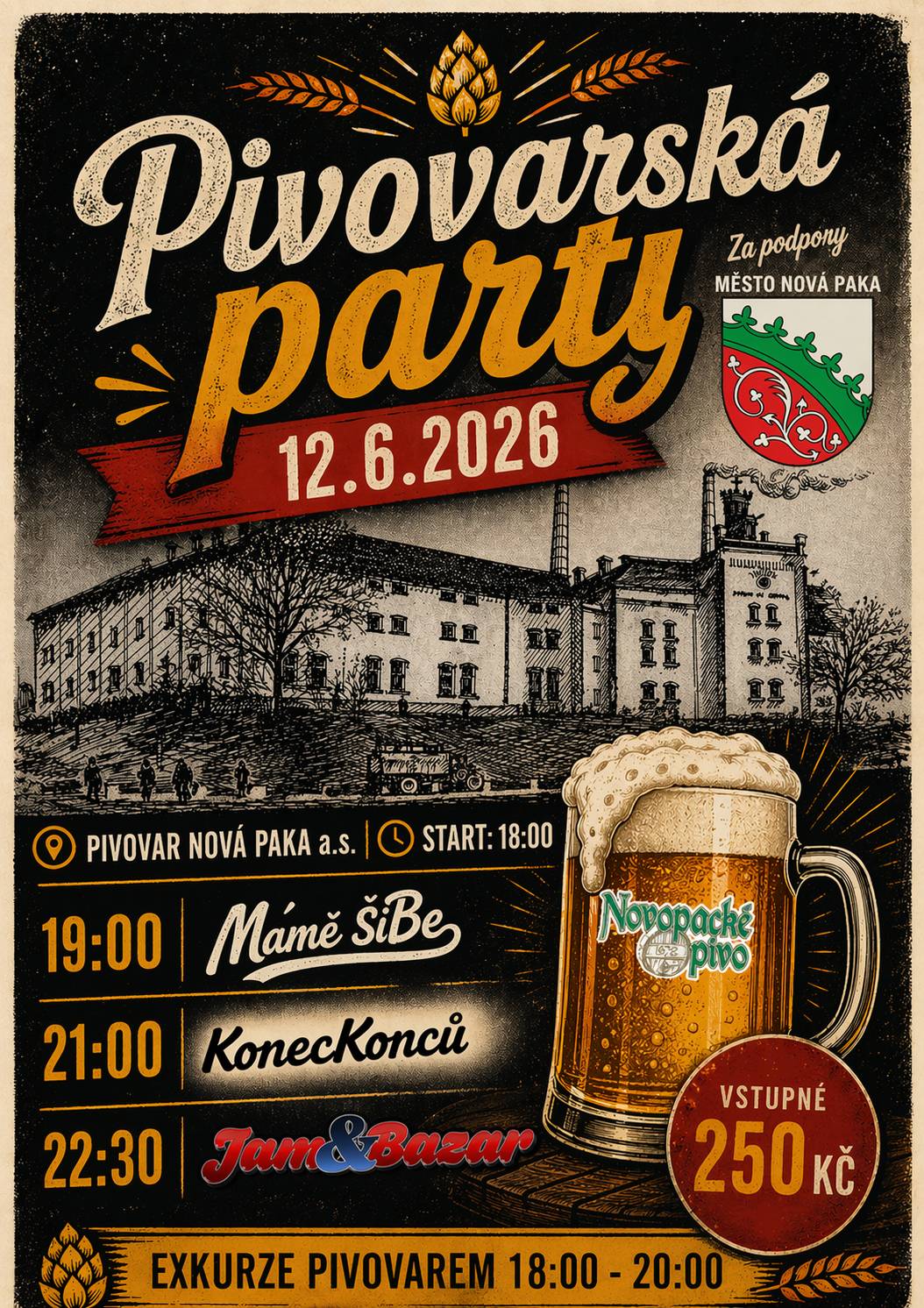 Pivovarská party: V pátek od 18:00 vás zveme do Pivovaru Nová Paka na večer plný hudby, dobrého piva a příjemné atmosféry. Těšit se můžete na domácí novopackou rockovou kapelu Mámě ŠiBe, pop-rockovou skupinu Koneckonců z Jilemnice i revivalovou show Jam & Bazar s největšími hity od 70. let až po současnost. Součástí programu bude také komentovaná prohlídka pivovaru s ochutnávkou, široká nabídka piv z produkce pivovaru a občerstvení. Přijďte si užít pohodový večer s přáteli – těšíme se na vás.