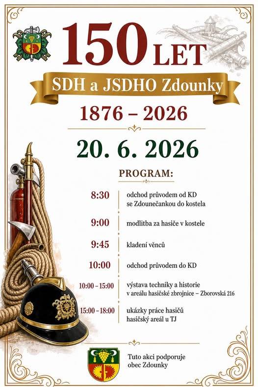 V sobotu 20. června 2026 vás srdečně zveme na oslavy 150 let od založení SDH Zdounky. Čeká vás bohatý program po celý den, spousta hasičské techniky, zajímavé ukázky a samozřejmě také dobré občerstvení. Přijďte s námi zavzpomínat na dlouhou historii našeho sboru, podívat se, co všechno hasiči umí, a užít si den plný pohody, setkání a dobré nálady. 150 let se neslaví každý den – tak buďte u toho s námi!