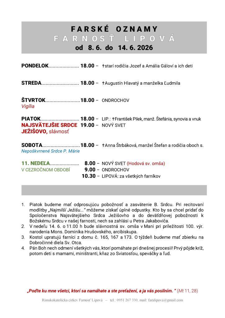 Poriadok bohoslužieb od 08.06. do 14.06.2026