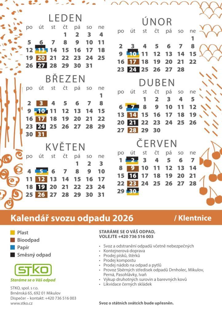 Vážení občané, v obecním stolním kalendáři bohužel došlo k tiskové chybě v přehledu svozů odpadů na měsíc červen. Od měsíce července jsou údaje v obecním stolním kalendáři již uvedeny správně.