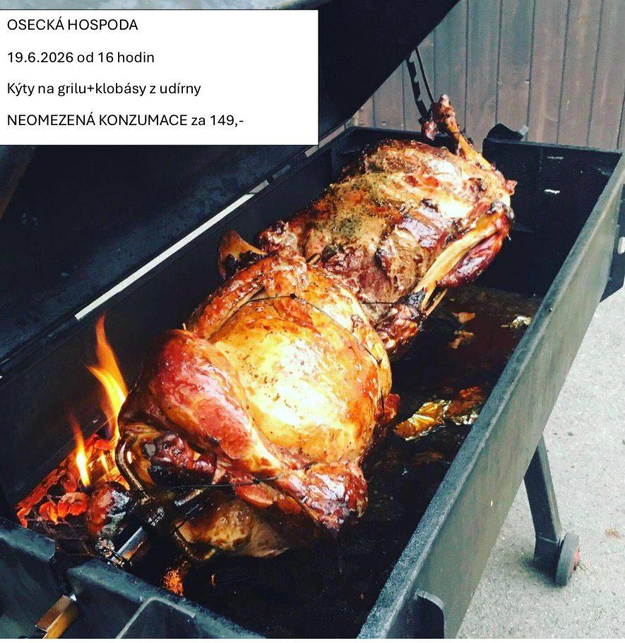 Zveme vás do Osecké hospody na grilování, které se koná 19. června 2026 od 16 hodin. Můžete se těšit na kýty z grilu a klobásy z udírny s neomezenou konzumací za 149 Kč.