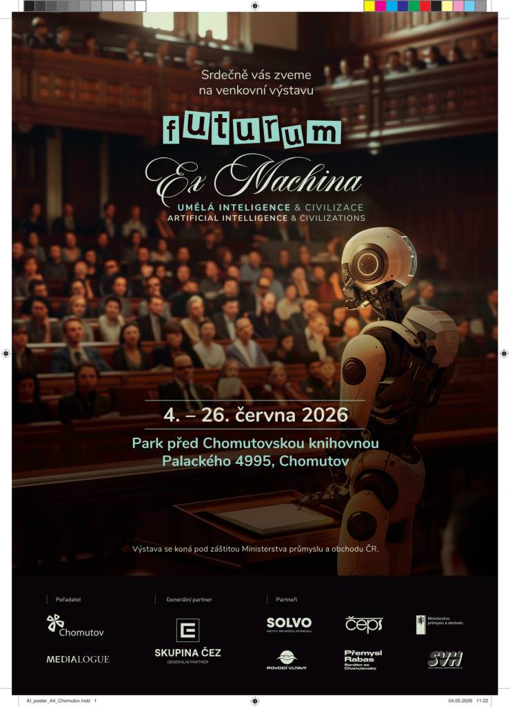 Vážení občané, město Chomutov Vás zve na venkovní výstavu s názvem Futurum Ex Machina – Umělá inteligence & civilizace, která se koná od 04.06.2026 do 26.06.2026 v parku před Chomutovskou knihovnou.