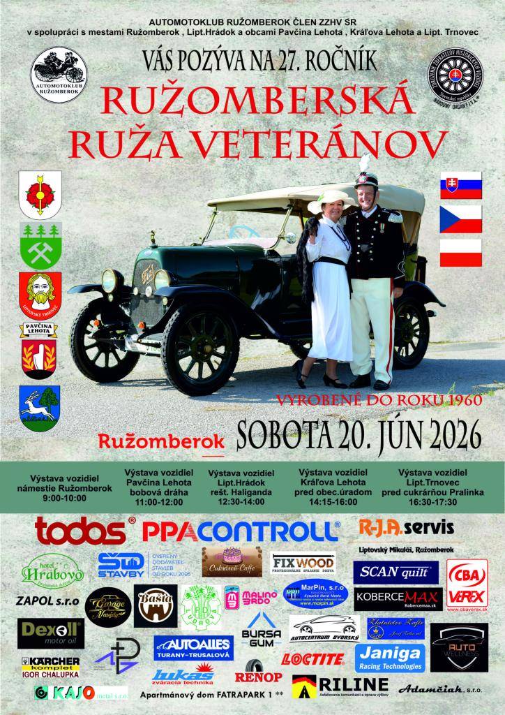 Pozývame Vás na 27. ročník RUŽOMBERSKEJ RUŽE VETERÁNOV dňa 20. júna 2026 (sobota) od 14.15-16.00 hodiny pred obecný úrad Kráľova Lehota.