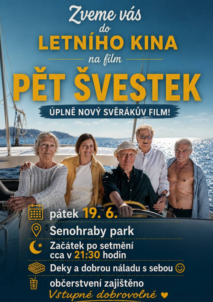 Zveme vás do letního kina na úplně nový film Jana Svěráka Pět švestek.   V pátek 19. 6., začátek promítání za soumraku cca v 21:30 hod.   Občerstvení zajištěno, deky a dobrou náladu s sebou.