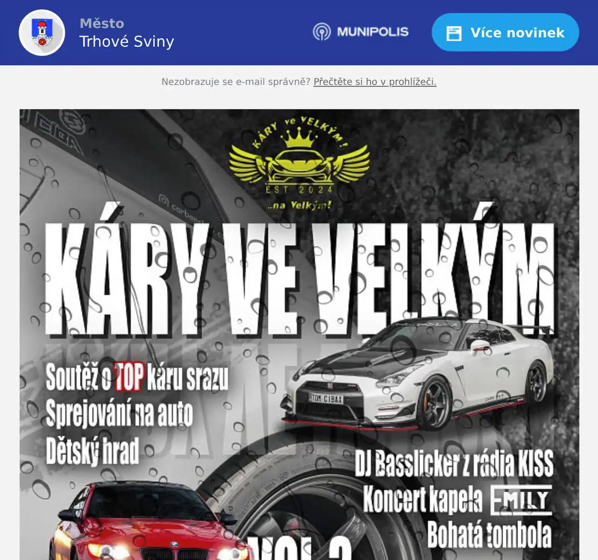 🚗 Káry ve Velkým se přesouvají! Kvůli nepříznivé předpovědi počasí se akce přesouvá na pátek 10. července. Těšíme se na vás a děkujeme za pochopení!