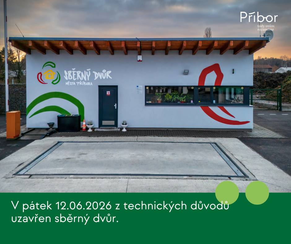 Z technických důvodů bude v pátek 12. června 2026 sběrný dvůr uzavřen. Děkujeme za pochopení a omlouváme se za případné komplikace. 💙