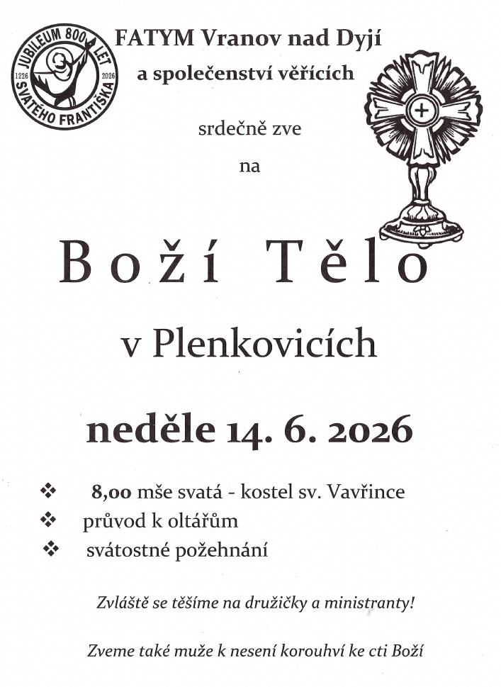 Neděle 14.6.2026 - 8:00 mše svatá - kostel sv. Vavřince  - průvod k oltářům  - svátostné požehnání