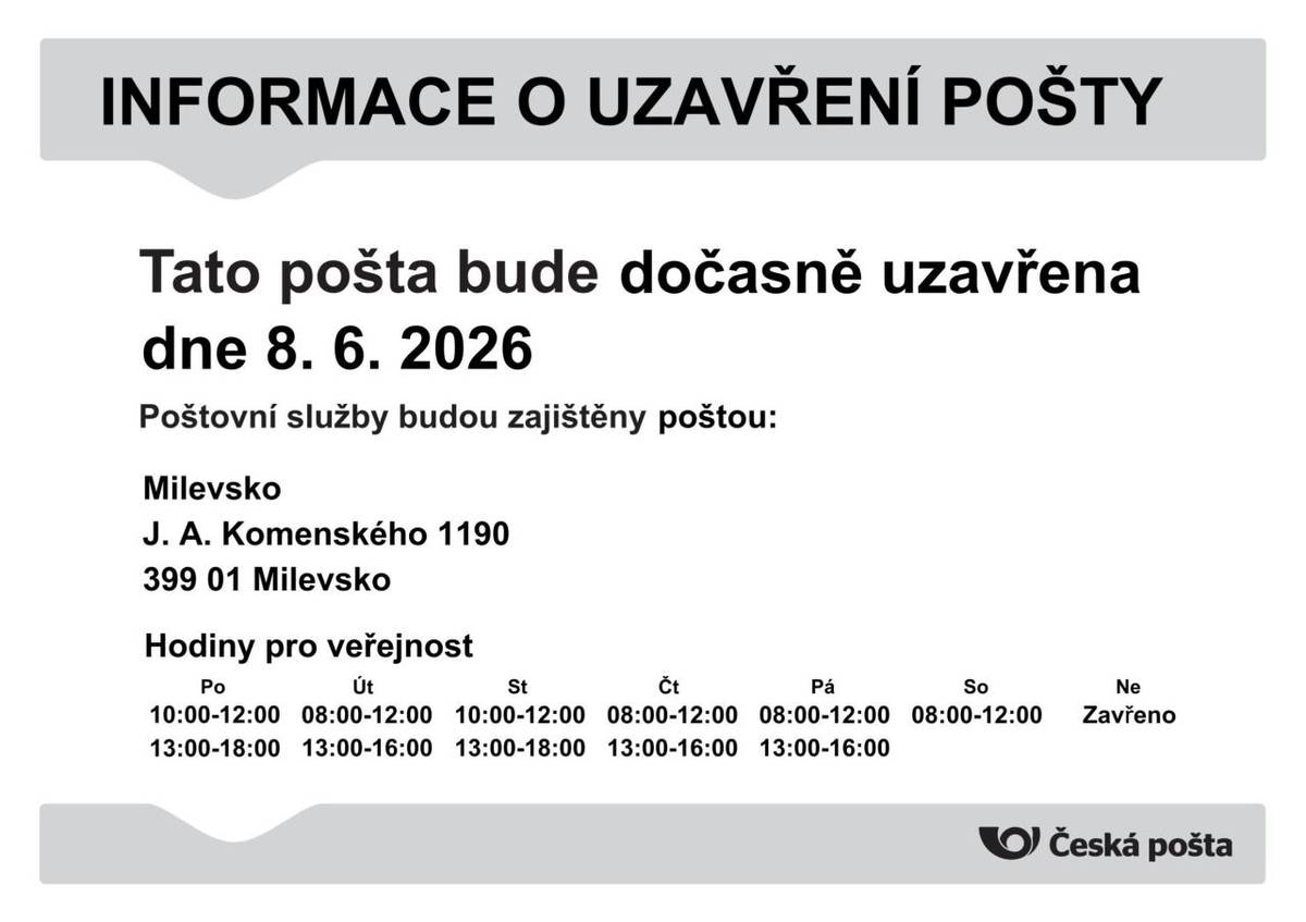 Poštovní služby budou zajištěny poštou Milevsko, J. A. Komenského 1190, 399 01 Milevsko.