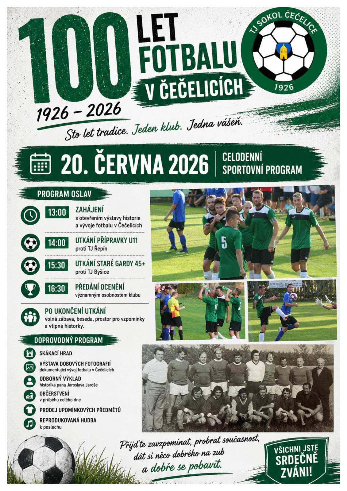 Oslava 100 let fotbalu v Čečelicích 20.června 2026 od 13:00.