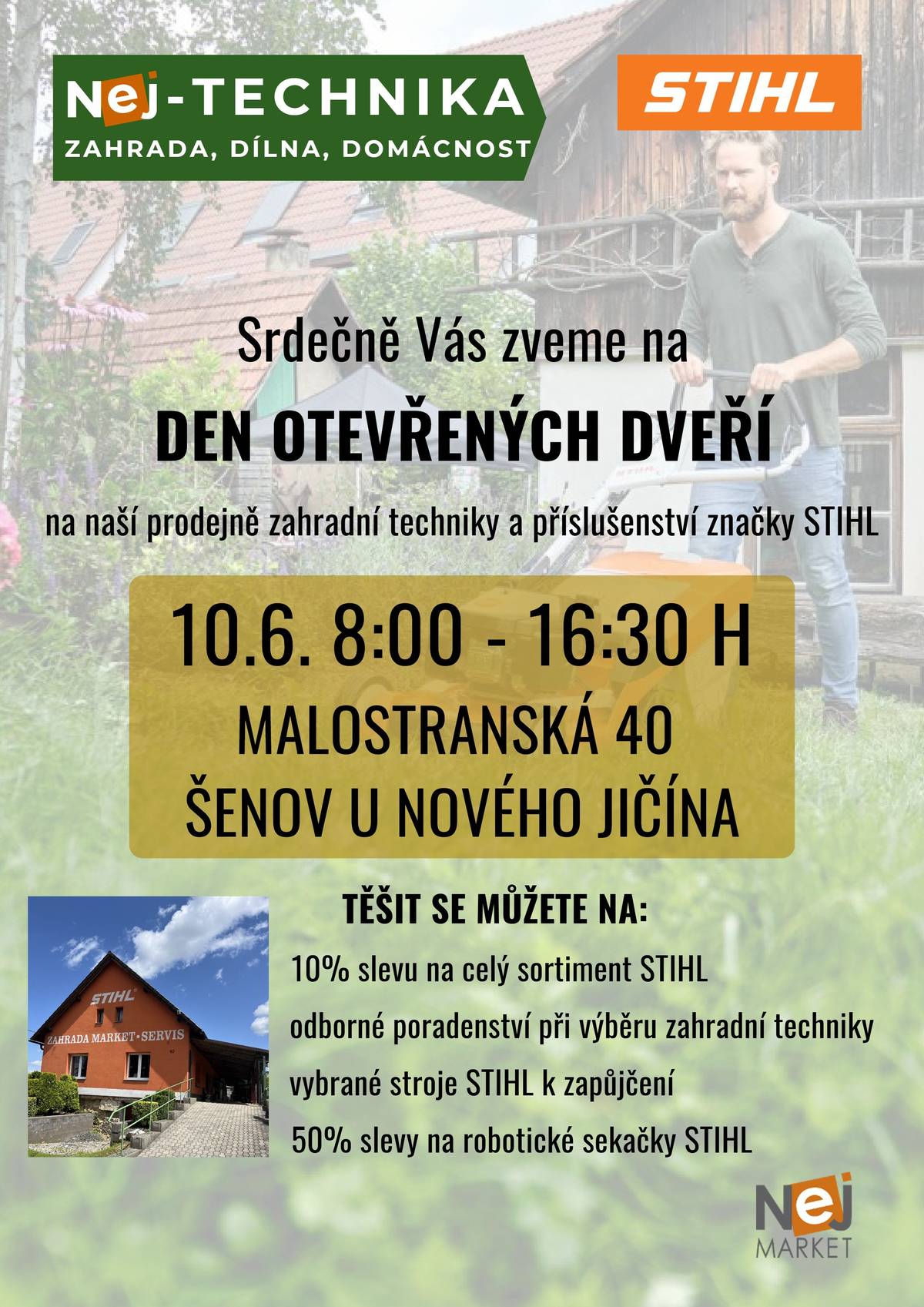 Studénka Drůbež Studénka Drůbež nabízí k prodeji: kuřice různých barev, chovné kohouty, krůty, kačeny, husokačeny, krmné směsi a vitamíny. Prodej se uskuteční ve čtvrtek 11. června od 10:30 do 11:00 na parkovišti u Pošty v Šenově u Nového Jičína. Prodej je možný i v místě Studénka po tel. domluvě na tel. čísle 720 355 216. STIHL-zahrada market STIHL zahrada market servis na ul. Malostranská 40 v Šenově u Nového Jičína srdečně zve na Den otevřených dveří, který se uskuteční ve středu 10. června od 8:00 do 16:30. Těšit se můžete na 10% slevy na celý sortiment STIHL, odborné poradenství při výběru zahradní techniky, 50% slevy na robotické sekačky STIHL. Kominíci  Kominická firma SAVE Prodům bude v naší obci v termínu 10. až 11. 6. provádět čištění a revize komínů. Na tel. čísle 776 059 358, nebo na https://saveprodum.cz/obec-formular si můžete rezervovat přesný den a čas. Cena za 1 komín 949 Kč a za každý další 700 Kč. VOPEN DAY U příležitosti 80 let od založení vojenského opravárenského podniku v Šenově u Nového Jičína se uskuteční areálu podniku v sobotu 13. června od 9 hodin VOPEN DAY. Je pro vás připraven bohatý program. Vstup je zdarma.