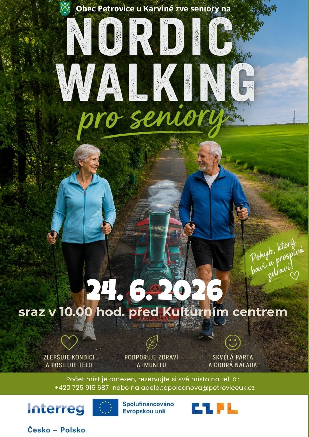 Přidejte se k nám na příjemnou procházku na čerstvém vzduchu. Nordic Walking hole vám na místě půjčíme, takže vlastní vybavení nepotřebujete.     Účastníky rozdělíme do dvou skupin, z nichž jedna půjde pohodovým tempem a druhá o něco svižněji. Společně uděláte něco pro své zdraví, posílíte imunitu a strávíte čas v příjemné společnosti.     Počet míst je omezen. Rezervujte si místo na tel. č.: 725 915 687 nebo emailem adela.topolcanova@petroviceuk.cz