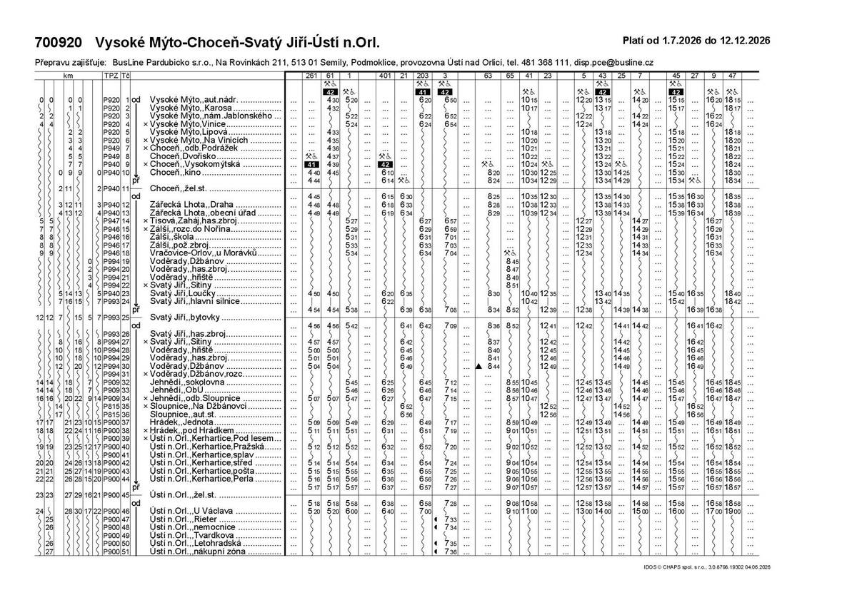 Změna jízdního řádu linky 700920 od 1. 7. 2026 Od 1. července 2026 dochází k úpravě jízdního řádu autobusové linky 700920. Odpolední spoje z Ústí nad Orlicí budou nově lépe navazovat na konce školního vyučování. Od 14. června 2026 navíc pojede dopolední spoj Choceň – Voděrady – Jehnědí – Ústí nad Orlicí po celé trase pod číslem 920. Nový jízdní řád naleznete v příloze. Doporučujeme cestujícím, aby se s ním včas seznámili. více info: https://www.chocen.cz/clanky-autobusove-jizdni-rady