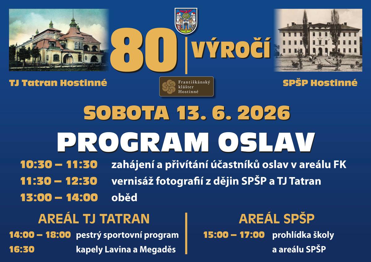 Přijďte oslavit významné jubileum TJ Tatran a SPŠP Hostinné — společně si připomenout historii, úspěchy i lidi, kteří stáli u zrodu a rozvoje sportu ve městě. 📅 sobota 13. června 2026 📍 areál Františkánského kláštěra Hostinné ⏰ 10:30 hodin Na co se můžete těšit:   vernisáž fotografií z dějin TJ Tatran a SPŠP Hostinné  setkání současných i bývalých členů  prohlídka školy a areálu SPŠP  pestrý sportovní program v areálu TJ Tatran  občerstvení kapely Lavina a Megaděs  Přijďte si užít den plný sportu, vzpomínek a dobré nálady.