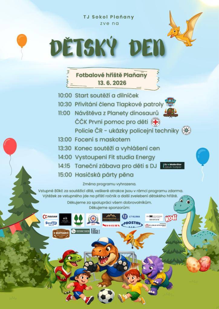 Pozvánka na dětský den v Plaňanech 13.6.2026, začátek v 10:00 hodin.