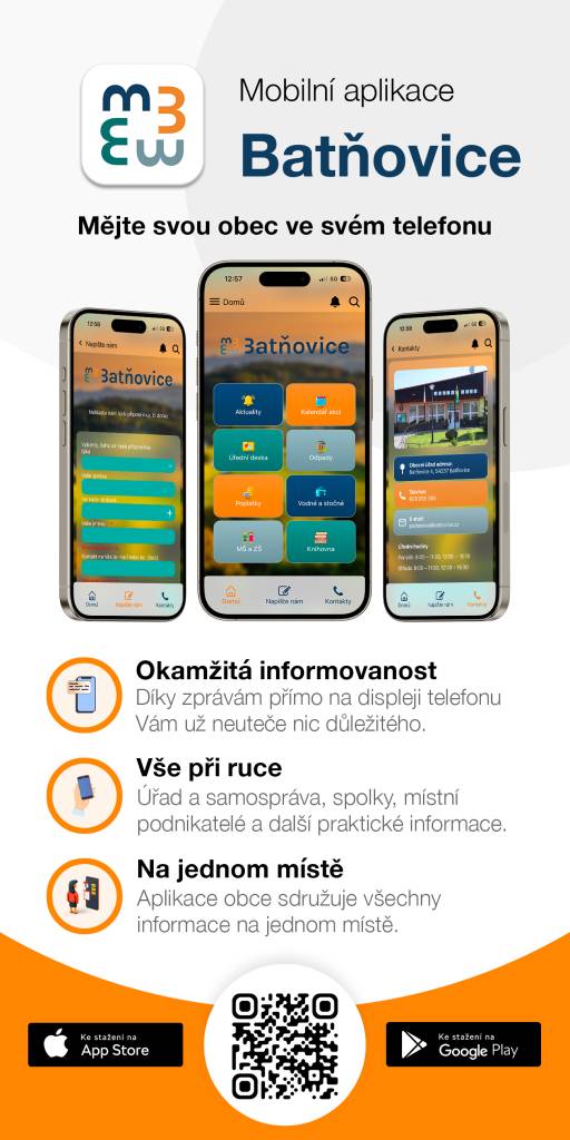Mějte svou obec ve své  telefonu.   Nová aplikace: okamžitá informovanost, vše při ruce, na jednom místě.  Leták přiložen, stažení přes QR kód jednoduché, intuitivní.