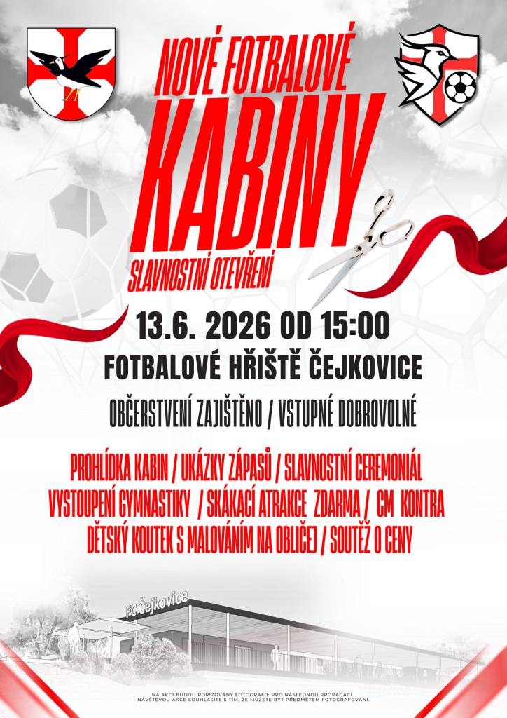 Kdy: SOBOTA 13.6.2026 začátek programu od 14:25, slavnostní ceremoniál od 15:00  Kde: fotbalové kabiny a hřiště Pod Novosady