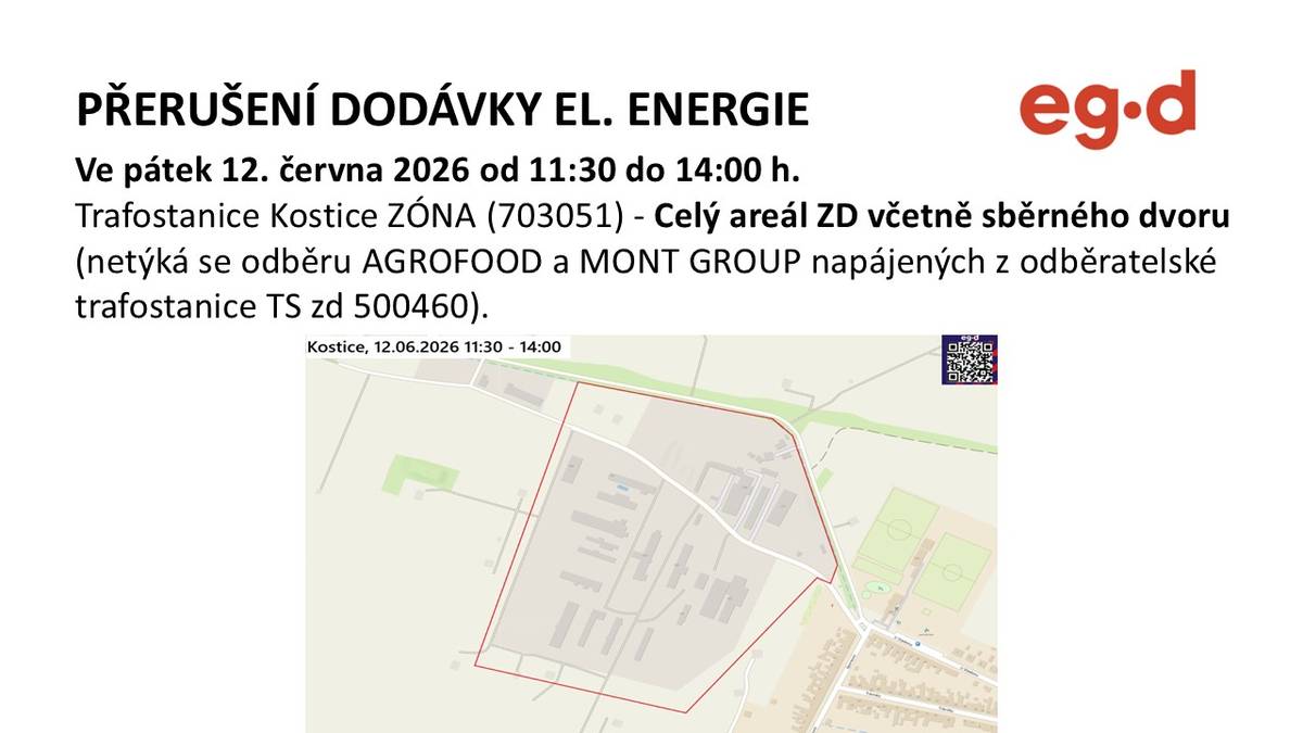 V pátek 12. června 2026 od 11:30 do 14:00 dojde k přerušení dodávky elektrické energie areálu ZD, krom odběratelů AGROFOOD a MONT GROUP.