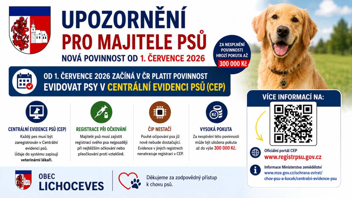 Vážení občané, upozorňujeme všechny majitele a chovatele psů na novou zákonnou povinnost. Od 1. července 2026 bude v České republice spuštěna Centrální evidence psů (CEP), kde musí být každý pes registrován prostřednictvím veterinárního lékaře.