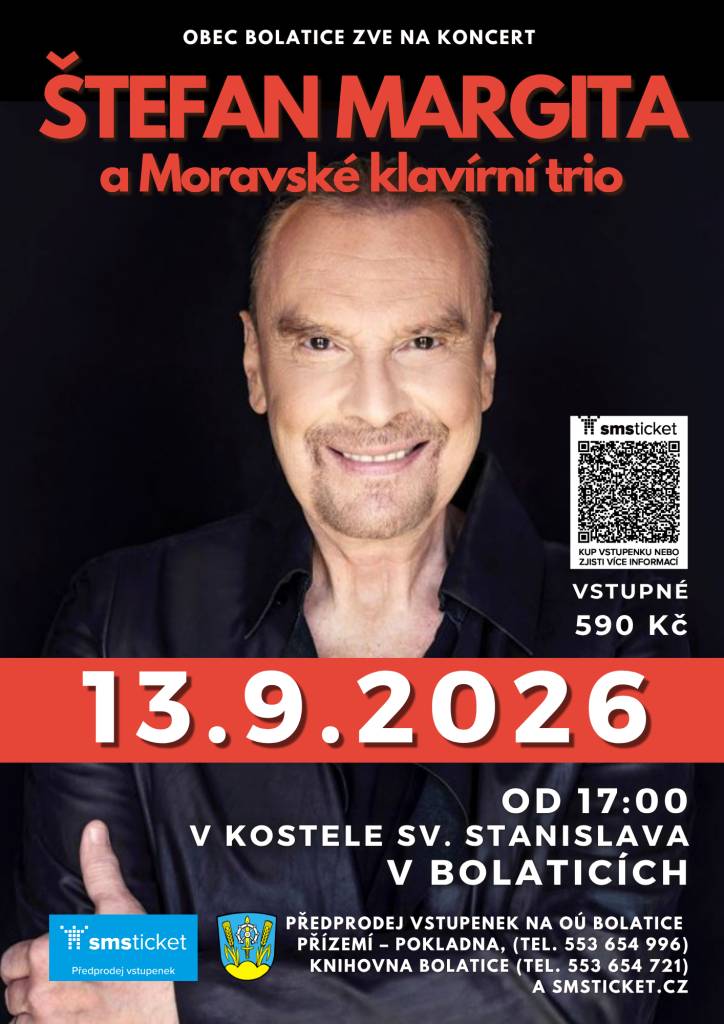 Koncert Štefana Margity a Moravského klavírního tria 13. 9. 2026 od 17:00 hod. v kostele Sv. Stanislava v Bolaticích.