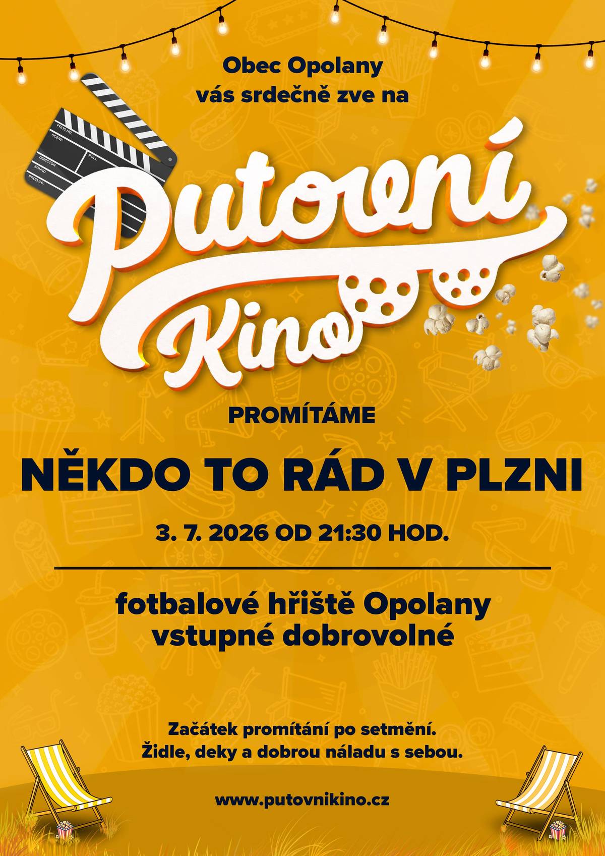 V pátek 3.7. jste zváni do letního kina na fotbalovém hřišti v Opolanech. Budeme promítat novou českou komedii "Někdo to rád v Plzni". Vstupné je dobrovolné a začínáme ve 21.30 hod. Druhý termín letního kina je 28.8.2026.
