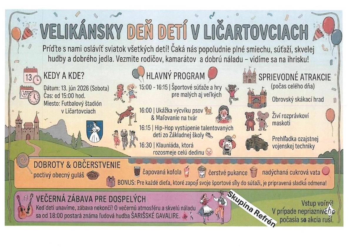 Pozvánka na MDD.  Dňa 13.júna 2026 so začiatkom o 15.00 hod. v areáli futbalové štadióna.