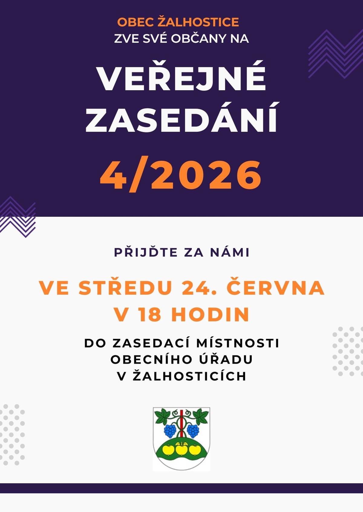Zveme všechny občany na veřejné zasedání, které se koná ve středu 24. června. Přijďte v 18 hodin do zasedací místnosti obecního úřadu. Přejeme pohodové léto!