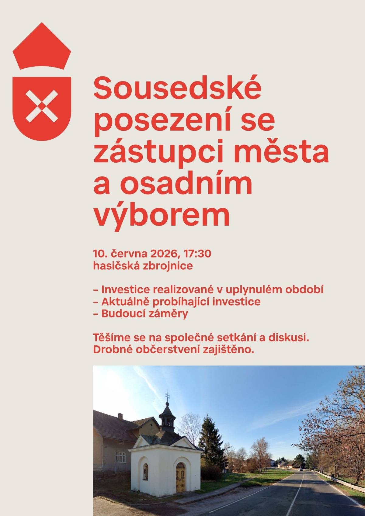 Po roce se vrací série sousedských setkání v místních částech. V Hoškovicích se letos uskuteční ve středu 10. června 2026 od 17:30 hodin. Přijďte posedět se zástupci vedení města a městského úřadu. Atmosféra bude neformální, prostor pro dotazy a připomínky takřka neomezený a k dispozici bude i drobné občerstvení.  Podíváme se na nedávno realizované investice a opravy, projdeme aktuální seznam úkolů, které město v místní části eviduje, posbíráme nové podněty. Těšíme se na vaše připomínky a dotazy a doufáme, že se sejdeme tváří v tvář v hojném počtu.