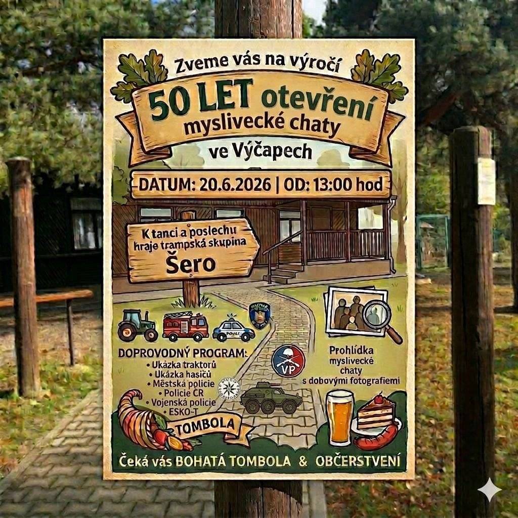 Myslivecký spolek Výčapy vás zve 20.6. od 13 hod. na oslavu 50 let otevření myslivecké chaty. Bohatý program, tombola a pohoštění zajištěno. Hraje trampská skupi Šero.