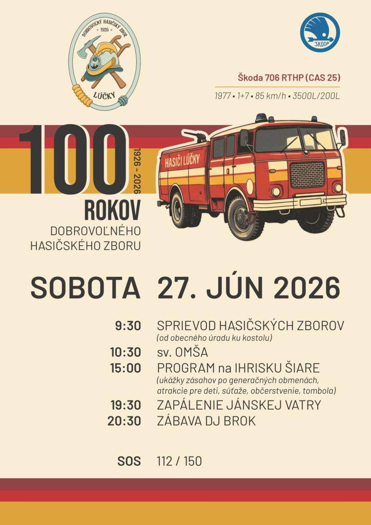 Dňa 27. júna 2026 sa uskutoční oslava 100. výročia dobrovoľného hasičského zboru.   Program zahŕňa sprievod, svätú omšu, ukážky zásahov, súťaže a zábavu pre všetkých návštevníkov.