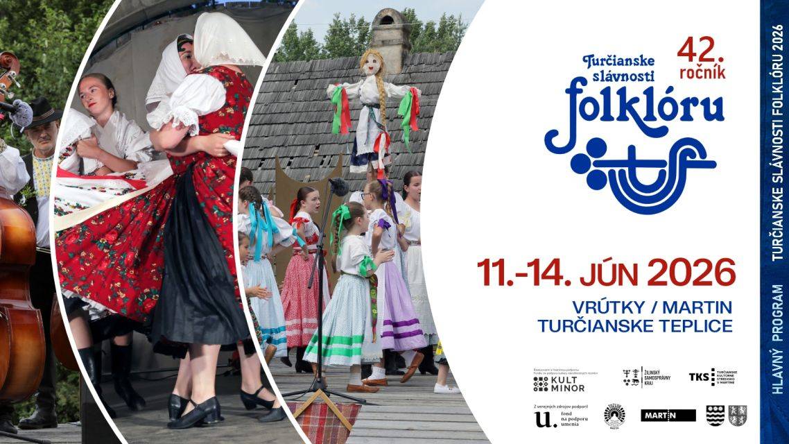 Turčianske kultúrne stredisko v Martine si vás dovoľuje pozvať na nadchádzajúci 42. ročník Turčianskych slávností folklóru. Pre návštevníkov je pripravený pestrý štvordňový program, v ktorom sa predstavia hudobné, spevácke a tanečné súbory. Popri domácich folklórnych súboroch vystúpia aj hostia z Českej a Slovenskej republiky. Tohtoročné slávnosti symbolicky prepojí niť folklóru, ktorá sa bude vinúť verejnými priestormi miest Vrútky, Martina Turčianske Teplice. Táto pomyselná folklórna niť sa stáva symbolom prepájania folklórnych zoskupení a spoločných stretnutí pod značkou Turčianske slávnosti folklóru.